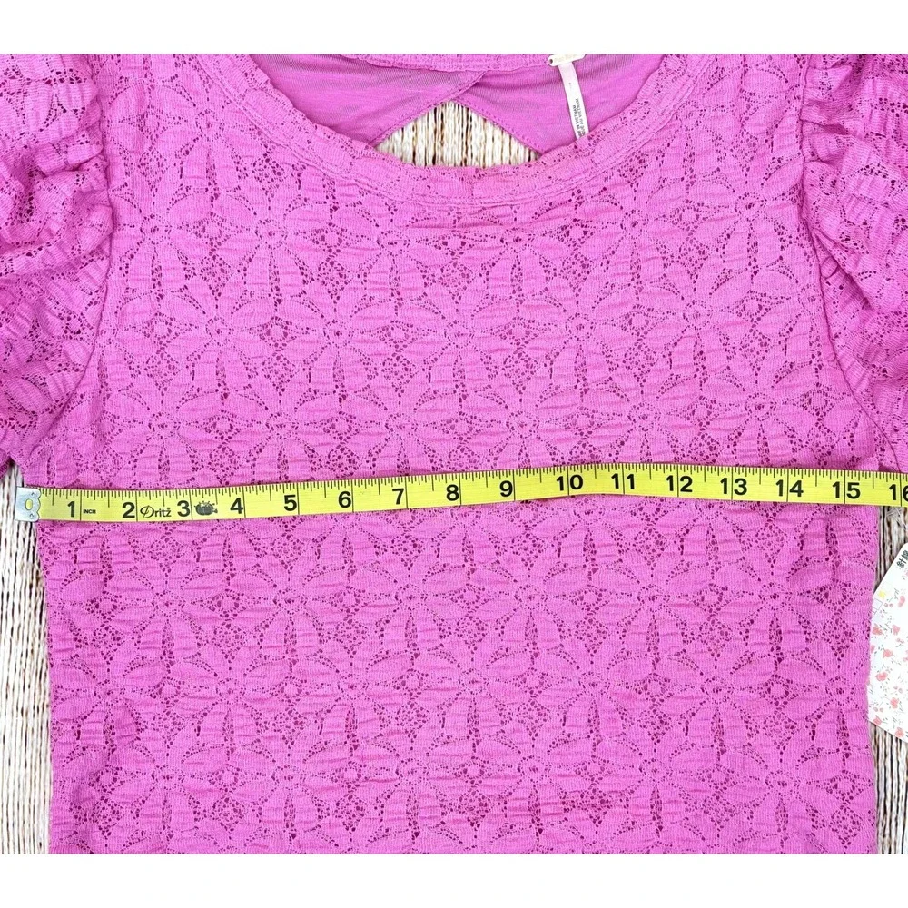 Free People Tea Time Blouse Size Large Pink Lace Open Back Puff Sleeve NWT